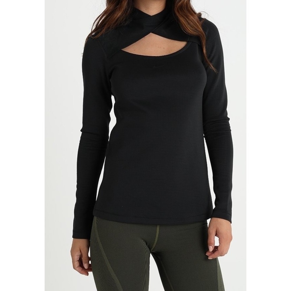 Nike Dri-FIT Cutout Crossover Mesh Mock Neck Long Sleeve Top Womens XL Black